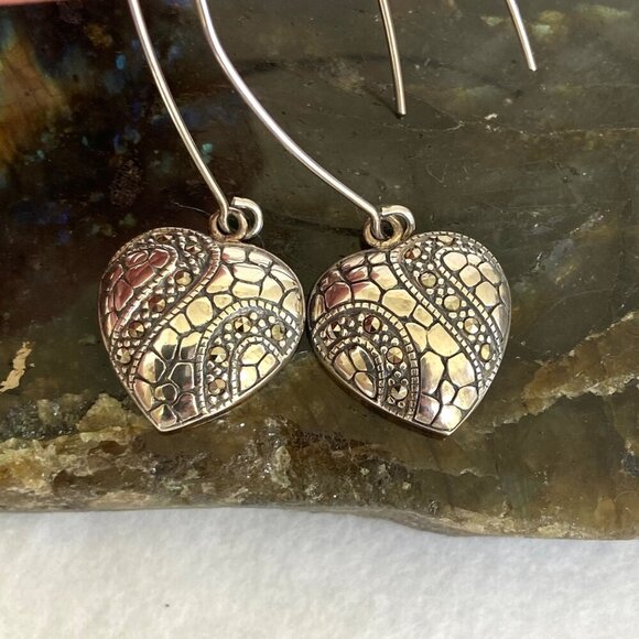 Sterling Silver 925 Marcasite Puffy Heart Threader Style Dangle Drop Earrings - Picture 12 of 16